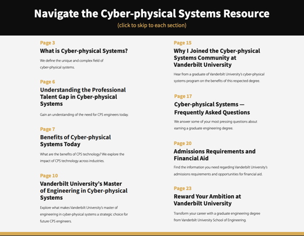 You also need a table of contents that aids in navigation and solid section headers that serve as roadmaps for the eBook. Here is the table of contents page from Vanderbilt University’s cyber-physical systems guide: