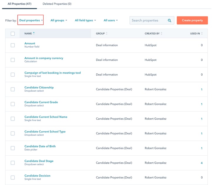 a deal properties list with candidate information