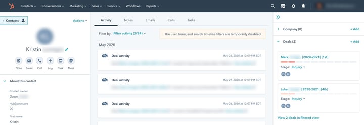 a customer's contact record on HubSpot