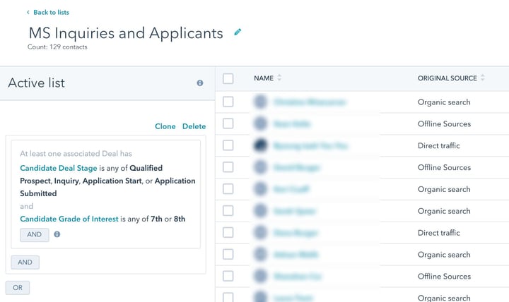 a contact list using deal association logic to filter contacts