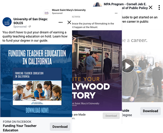 Three overlapping online ads promote educational programs, including teacher education funding in California and a filmmaking opportunity at Mount Saint Mary’s University.