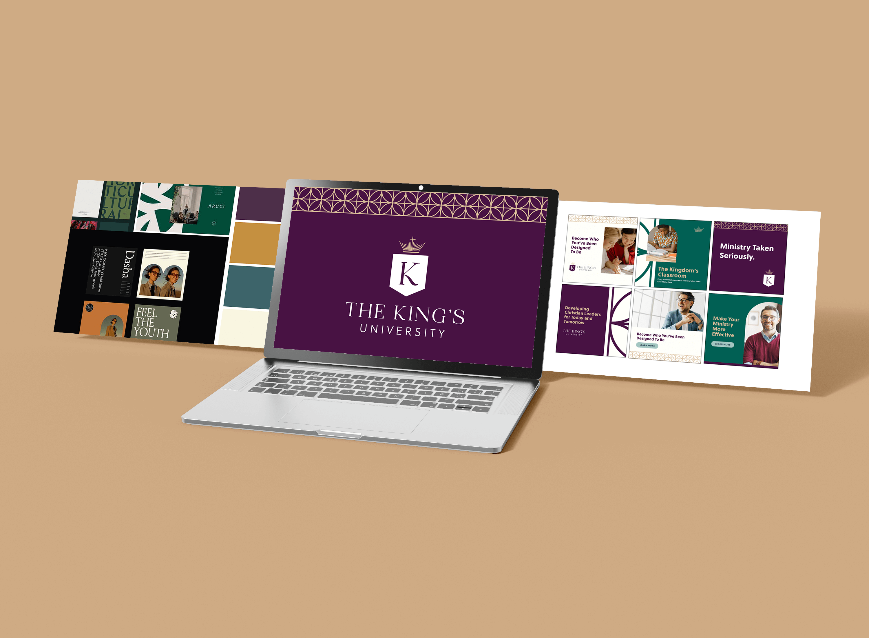 the kings university brand on laptop and print